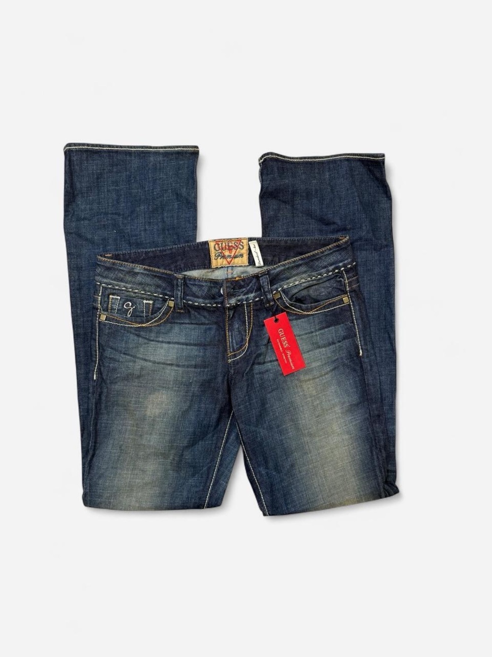 Guess Men's Dark Blue Bootcut Jeans with Faded Whiskering - Guess
